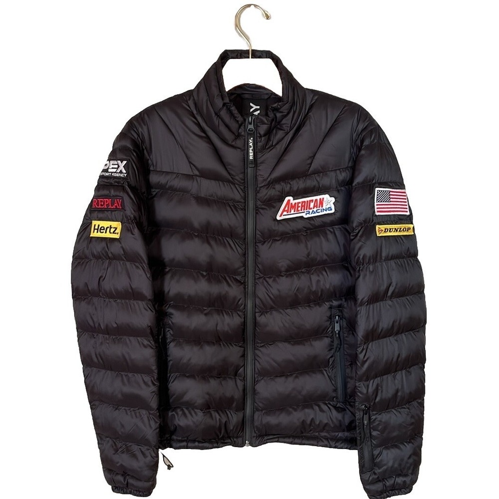 REPLAY Mens Black Puffer‎ Jacket American Racing Patches Lightweight Insulated S
